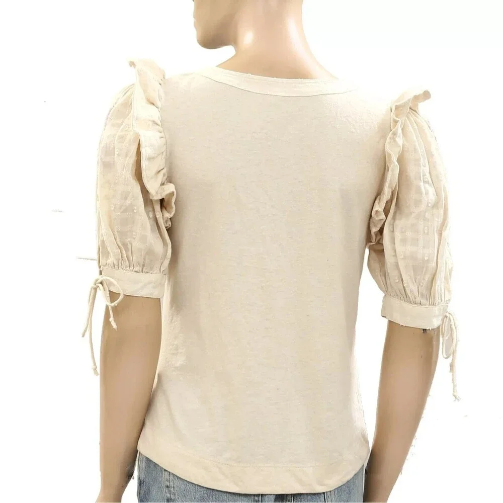 By Anthropologie Floral Embroidered Puff-Sleeve Blouse Top Ruffle XSP NWT 274108